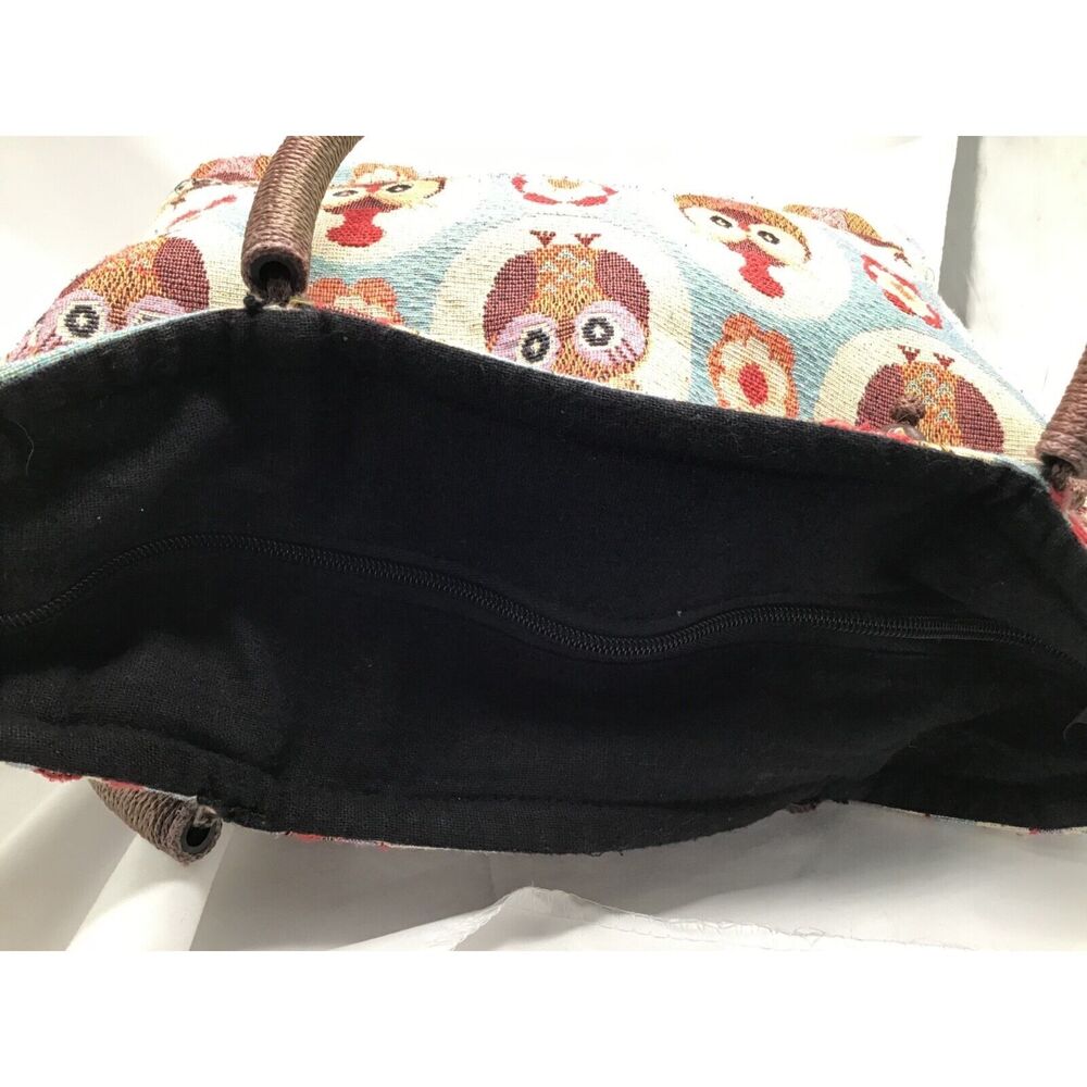 Owl Canvas Tote Handbag Zipper Lined Wooden Beads Shoulder Bag - Picture 6 of 10